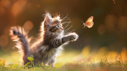 Obraz premium A fluffy Maine Coon kitten eagerly pouncing on a passing butterfly, eyes sparkling with delight.