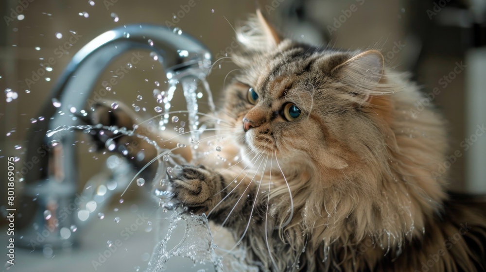 Poster a fluffy persian cat batting at water droplets from a dripping faucet, eyes gleaming with amusement.