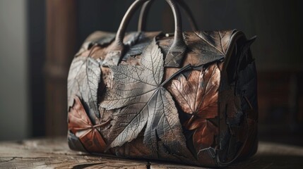A handbag with a leather exterior covered in leaf impressions a stylish accessory for any nature lover..