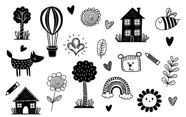 Hand drawn kids doodle set, Doodle style. sketch, scribble, artistic drawing, pen drawing, ink, art doodle, line art, funky drawing, vector. Design for print, cartoon, card, book, decoration, sticker