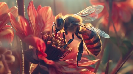 A close-up of a bee pollinating a flower, showcasing the vital role of pollinators in ecosystems and the need for biodiversity conservation on Earth Day - obrazy, fototapety, plakaty