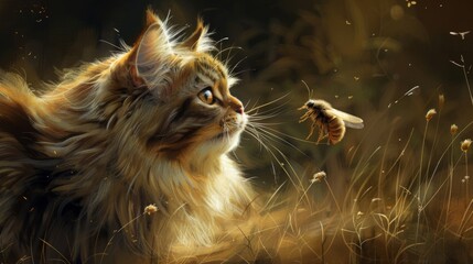 A fluffy Persian cat batting at a buzzing beetle with gentle precision, its amber eyes alight with curiosity.