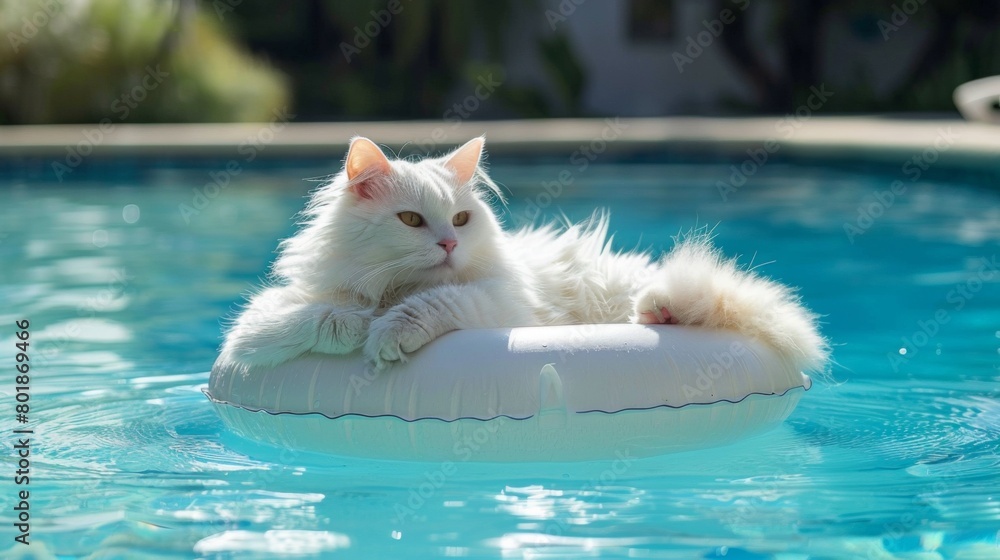 Poster a fluffy white cat lounging on a pool float, enjoying a leisurely day in the sun.