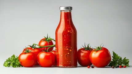 A glass bottle of ketchup with a silver lid next to a pile of ripe tomatoes on a white background.