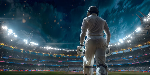 Cricket Player with helmet and gloves walking towards pitch in cricket stadium - Powered by Adobe
