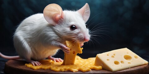 White mouse and cheese on a dark background. Close-up.