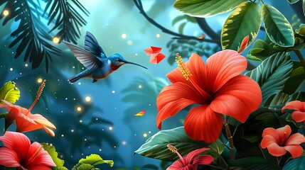 A hummingbird is flying towards a red hibiscus flower in a tropical rainforest. The hummingbird is blue and green, and the hibiscus flower is red with a yellow stamen.