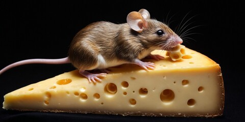 Mouse and cheese on a black background. Close-up. Studio photography.