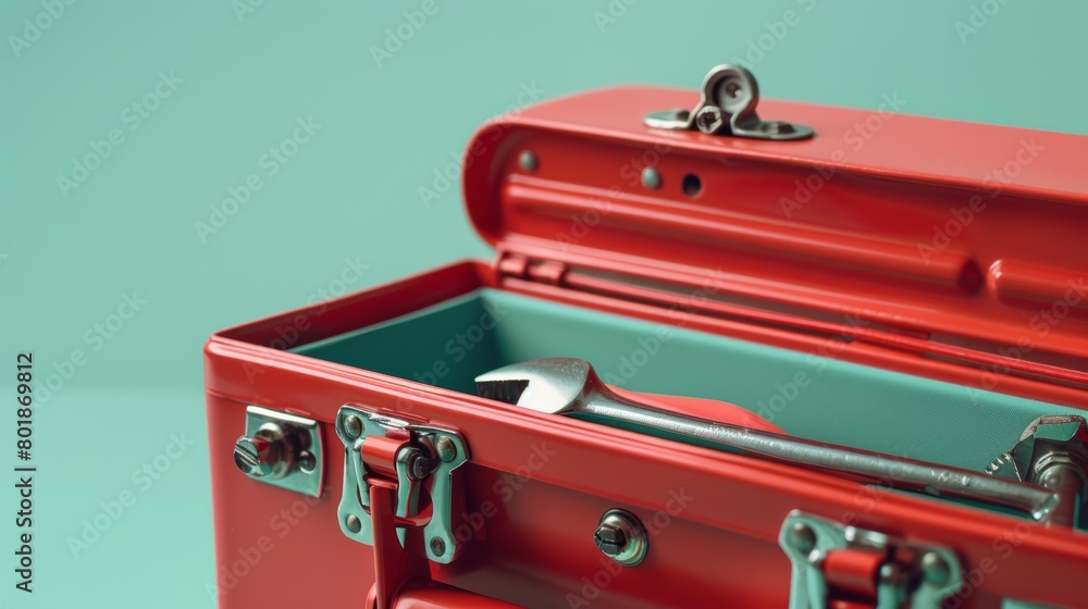 Wall mural close-up of an open red toolbox against a cool mint background, displaying an assortment of hand too