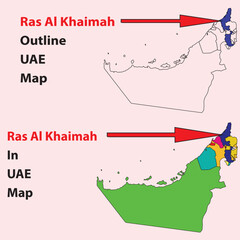 Ras Al Khaimah map vector, outline, political , road, tourist, city, metro, railway, physical, satellite  Map vector