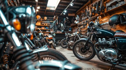 Close-up of a well-organized motorcycle garage, showing motorcycles in various states of repair, ideal for mechanical workshop articles - obrazy, fototapety, plakaty