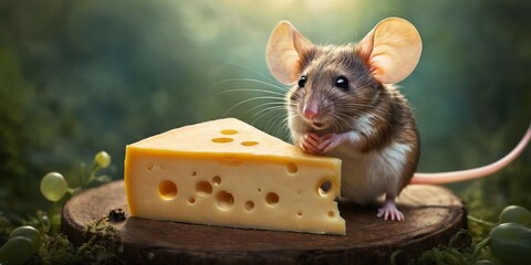 Cute mouse with cheese on nature background. Healthy food concept.
