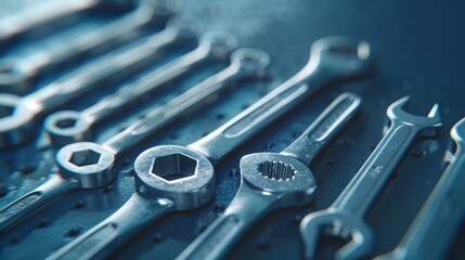 Fototapeta premium Close-up of various wrenches and screwdrivers on a deep blue backdrop in a garage, focusing on the metallic sheen and tool variety, suitable for hardware ads