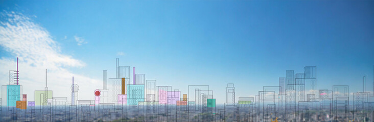 青空に都会のビルが立ち並ぶ街並み風景のイラスト