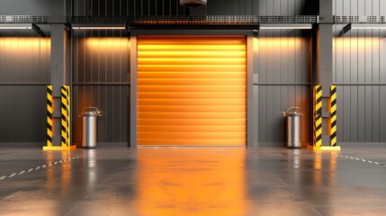 Close-up view of a roller shutter in a contemporary plant, with a concrete floor emphasizing the industrial strength and functionality, ideal for architectural reviews