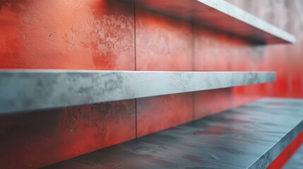 Close-up, realistic depiction of metallic shelving with a contrasting coral wall, focusing on the texture and strength, suitable for commercial storage ads - obrazy, fototapety, plakaty