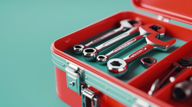 Close-up of an open red toolbox against a cool mint background, displaying an assortment of hand tools in a realistic setting, perfect for DIY tutorials