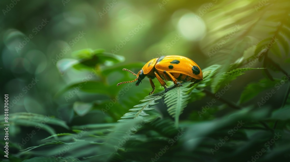 Poster a golden tortoise beetle in a moment of stillness, captured in a serene close-up against a backdrop 
