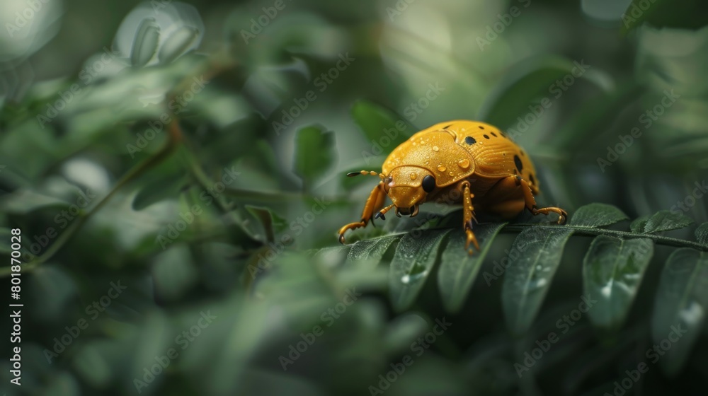 Poster a golden tortoise beetle in a moment of stillness, captured in a serene close-up against a backdrop 