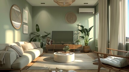 Inviting sage green living room design for young adults, focused on creating a refreshing atmosphere with modern furnishings and decor