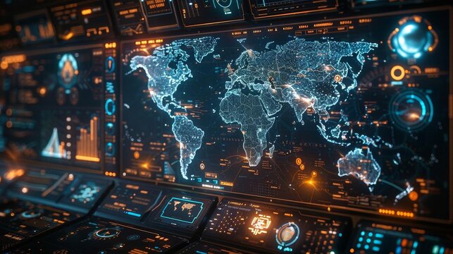 Global network operations center with a world map displaying real-time data connections across continents.