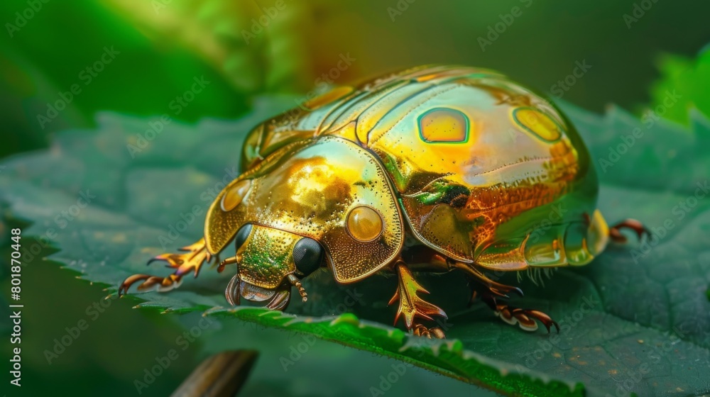 Poster a golden tortoise beetle resting peacefully on a leaf, its metallic shell reflecting the surrounding