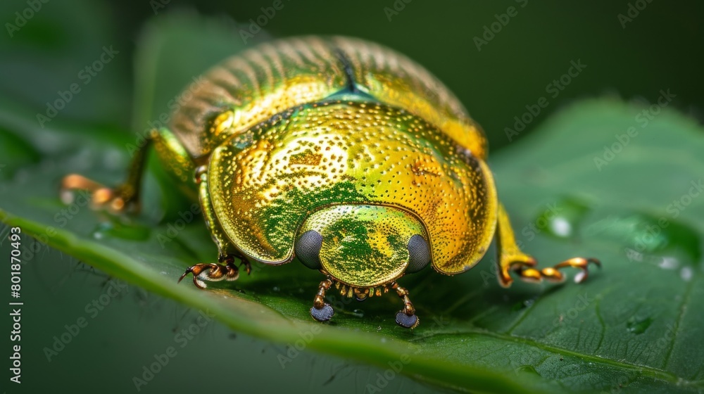 Poster a golden tortoise beetle resting peacefully on a leaf, its metallic shell reflecting the surrounding