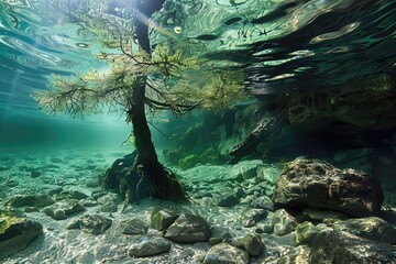 Ancient forest submerged in crystalclear water, revealing its hidden depths and serene beauty