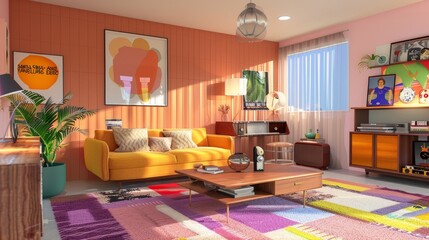 Inviting and trendy living room for a young individual, styled with 1960s vintage furniture, retro decor, and a lively color scheme that reflects past decades