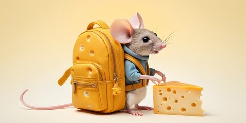 Mouse with a backpack and cheese on a yellow background, close-up.