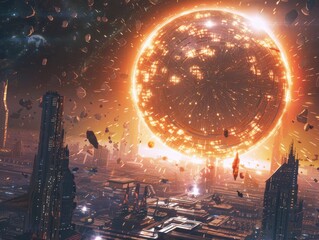 Obraz premium The AI, a vast network of satellites and structures, meticulously builds a Dyson Sphere, capturing the star's energy for its own purposes.