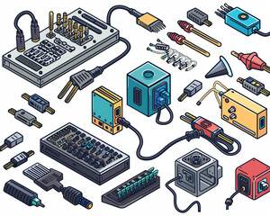 Detailed clipart of electronic communication devices featuring coaxial cables, pad panels, and BNC connectors on a clean background