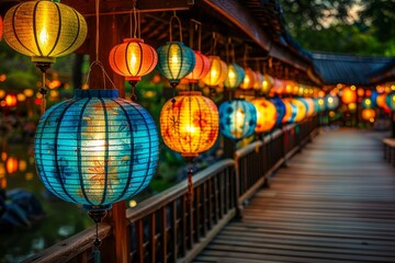 A wooden walkway lit by colorful paper lanterns.