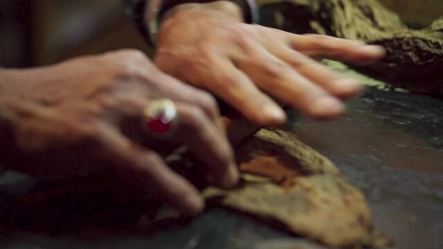 A man rolls tobacco by hand to make a cigar