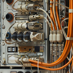 Lifelike representation of a coaxial cable setup with pad panel and BNC connector, highlighting intricate details of electronic communications
