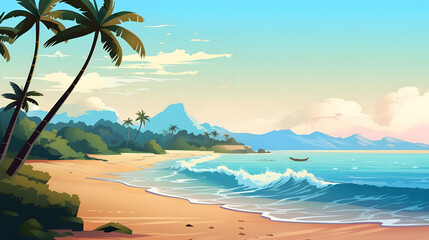 Coastal Oasis, Serenity and Tranquility on the Beach, Realistic Beach Landscape. Vector Background