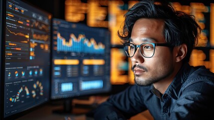 Researcher interacting with AI for legal document analysis, multi-screen setup showing data analytics and text management.