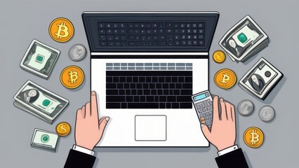 A person typing on a laptop with a Bitcoin coin on the keyboard. A laptop with a BTC coin on the screen and a hand on the keyboard. Blockchain technology, bitcoin mining concept