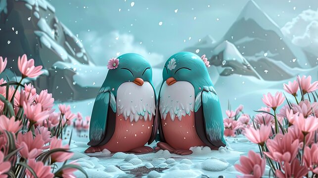 A pair of blue penguins standing in a snowy field of pink flowers.  The penguins are wearing pink bows.  It is snowing lightly.  There is a mountain range in the background.