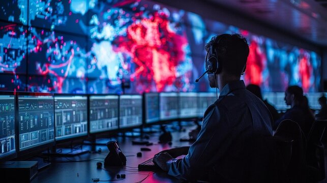 Security operations center during a training simulation, analysts at workstations with graphical cyber threat maps.