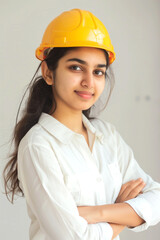 Close up portrait of beautiful female engineer wearing a protective helmet and looking at camera. ai generative