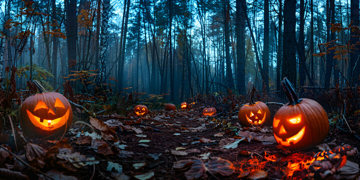 Halloween background with scary pumpkins in the forest