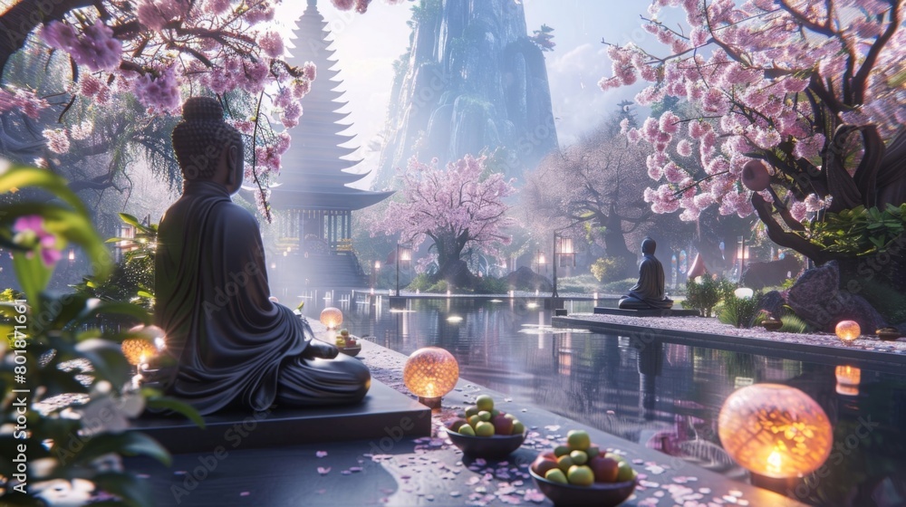 Poster a serene garden with delicate cherry blossom trees and floating lanterns where a group of monks medi