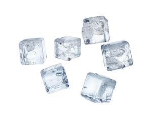 Crystal clear ice cubes floating against a white backdrop isolated on a transparent background. Generative AI