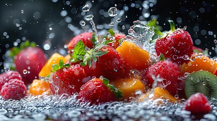 water splashing onto fruit salad, in the style of Black background and colorful, high detailed,...