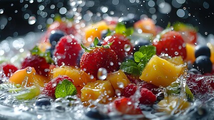 water splashing onto fruit salad, in the style of Black background and colorful, high detailed, dynamic and action-packed, high resolution.
