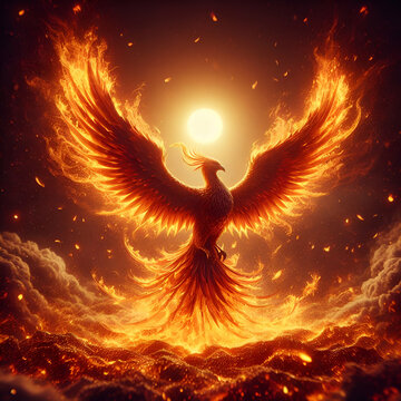 Rising from Ashes&rdquo;:
Depict the phoenix emerging from a bed of glowing embers, its fiery plumage unfurling as it ascends toward the sun. Capture the moment of rebirth and renewal.
