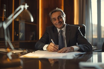 Happy satisfied aged professional business man executive ceo manager, lawyer wearing suit sitting at desk signing law document writing signature making legal agreement corporate deal in office