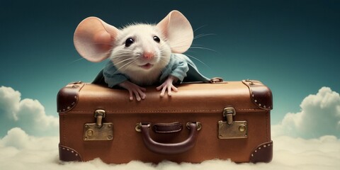White mouse sitting on old brown suitcase with blue sky background and clouds.