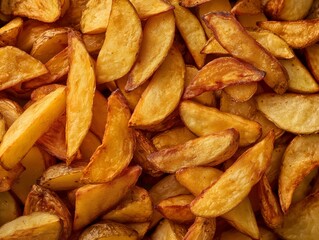Close-up view of crispy golden potato wedges, highlighting delicious textures and a home-cooked feel